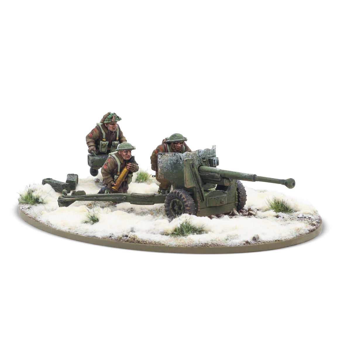 6 pdr anti-tank gun with British infantry (winter) crew