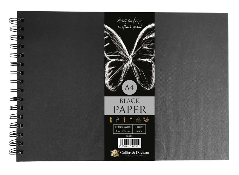 A4 Landscape Artist Hardback Black Paper Sketch Book C&D