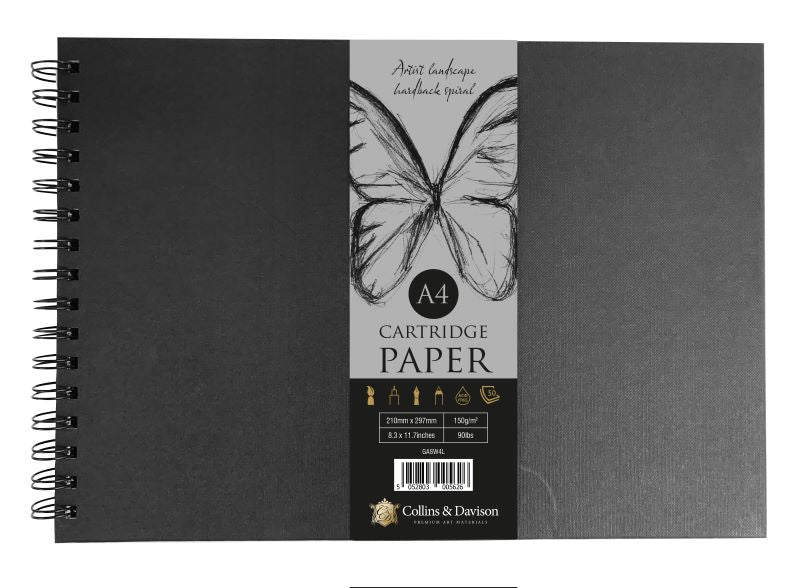 A4 Landscape Artist Hardback Spiral Sketch Book Black Cover