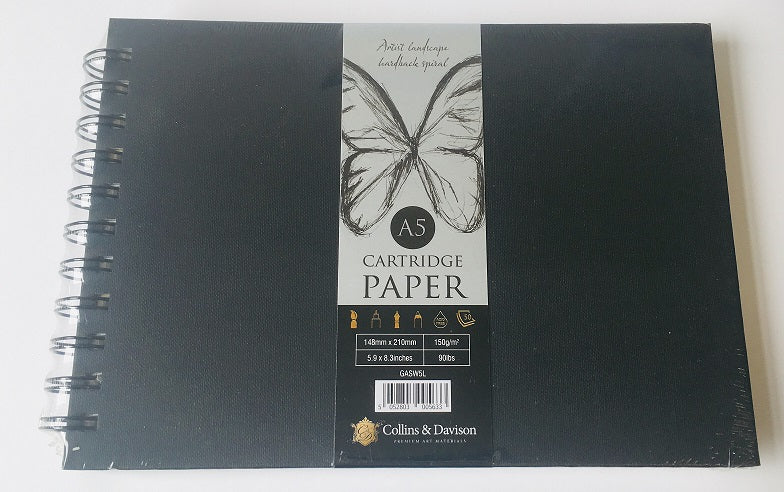 A5 Landscape Artist Hardback Spiral Sketch Book Black Cover