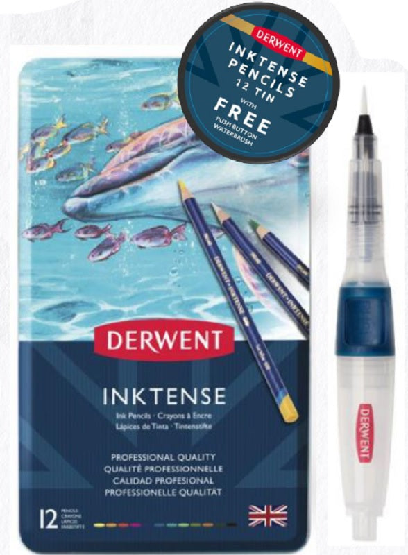 Derwent Inktense Pencil 12 Tin Push Button Waterbrush 2306217