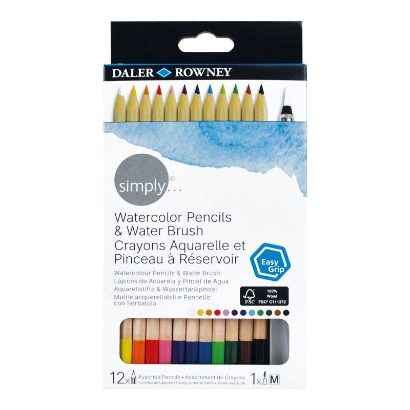DALER-ROWNEY Simply Hexagonal Watercolour Pencil & Water Brush Pen 12Pcs Set